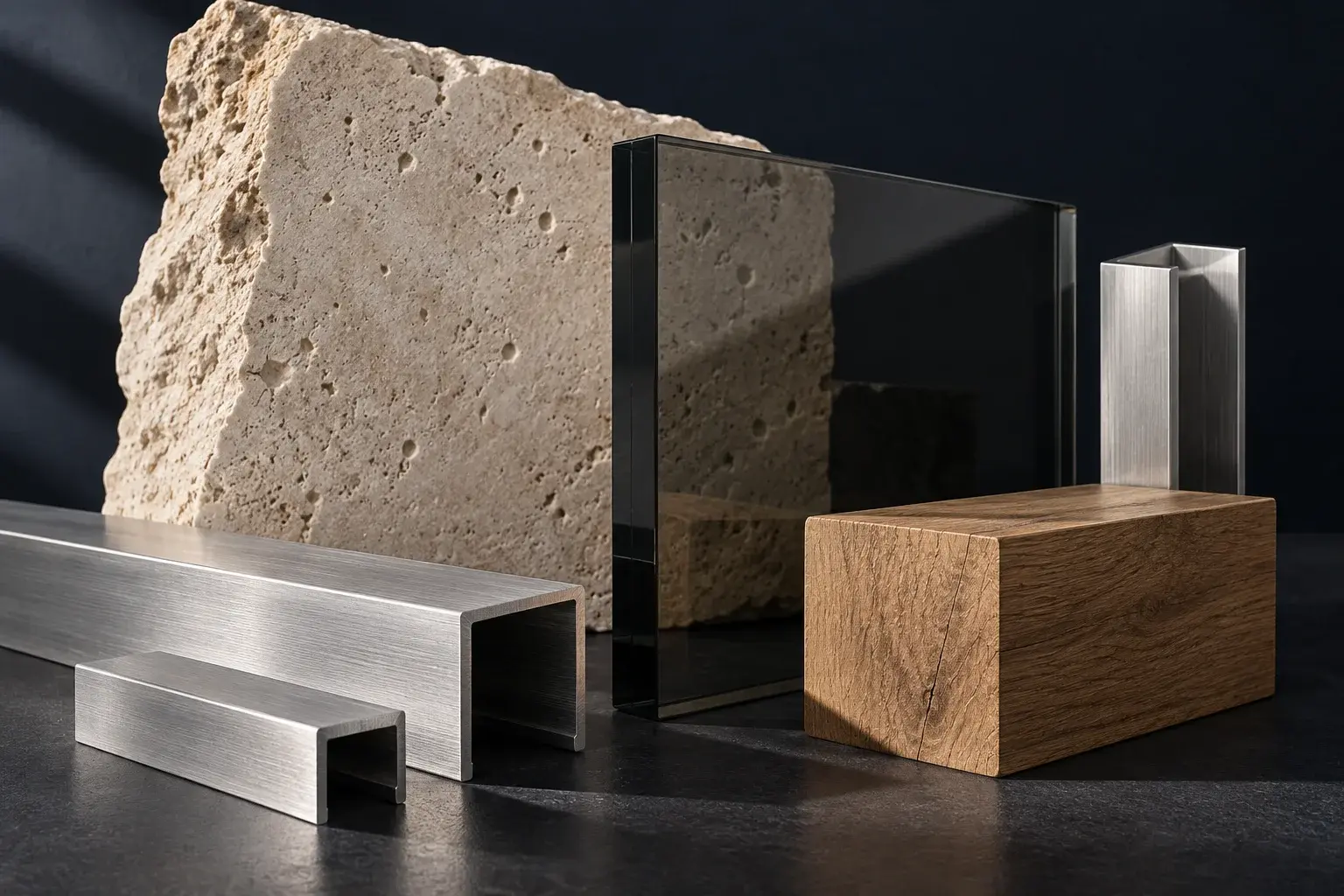 Editorial composition of architectural materials and precision metal profiles