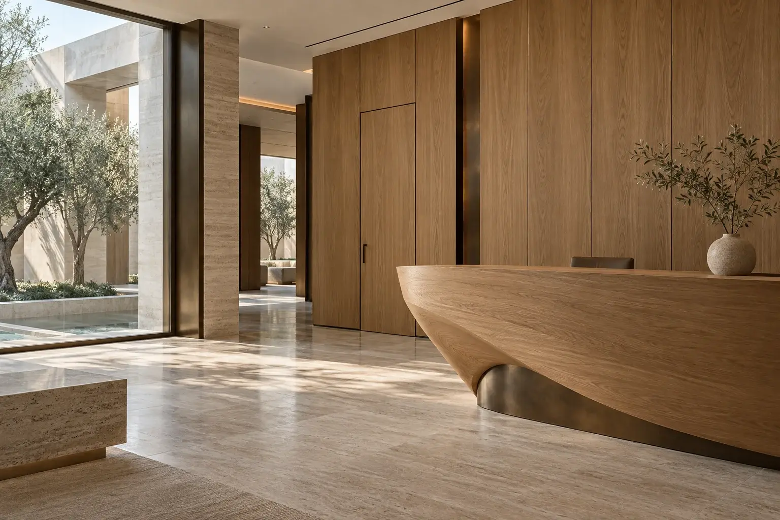 Interior concept of bespoke oak joinery and architectural finishes